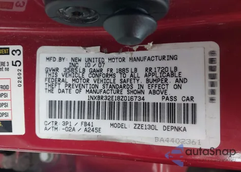 2008 Toyota Corolla Le z USA, uszkodzony, nr VIN 1NXBR32E18Z016734